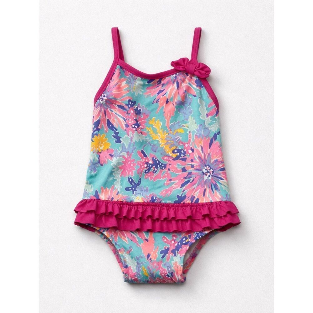 Lilly Pulitzer blue and pink ruffle one piece swimsuit size 6-12 months